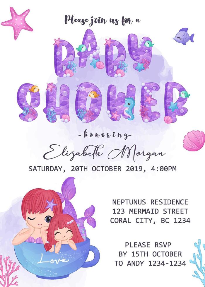 baby shower invitation template with mermaid vector
