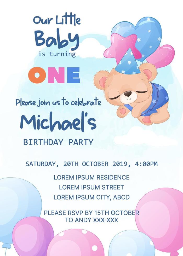 Adorable birthday party invitation template with baby bear vector