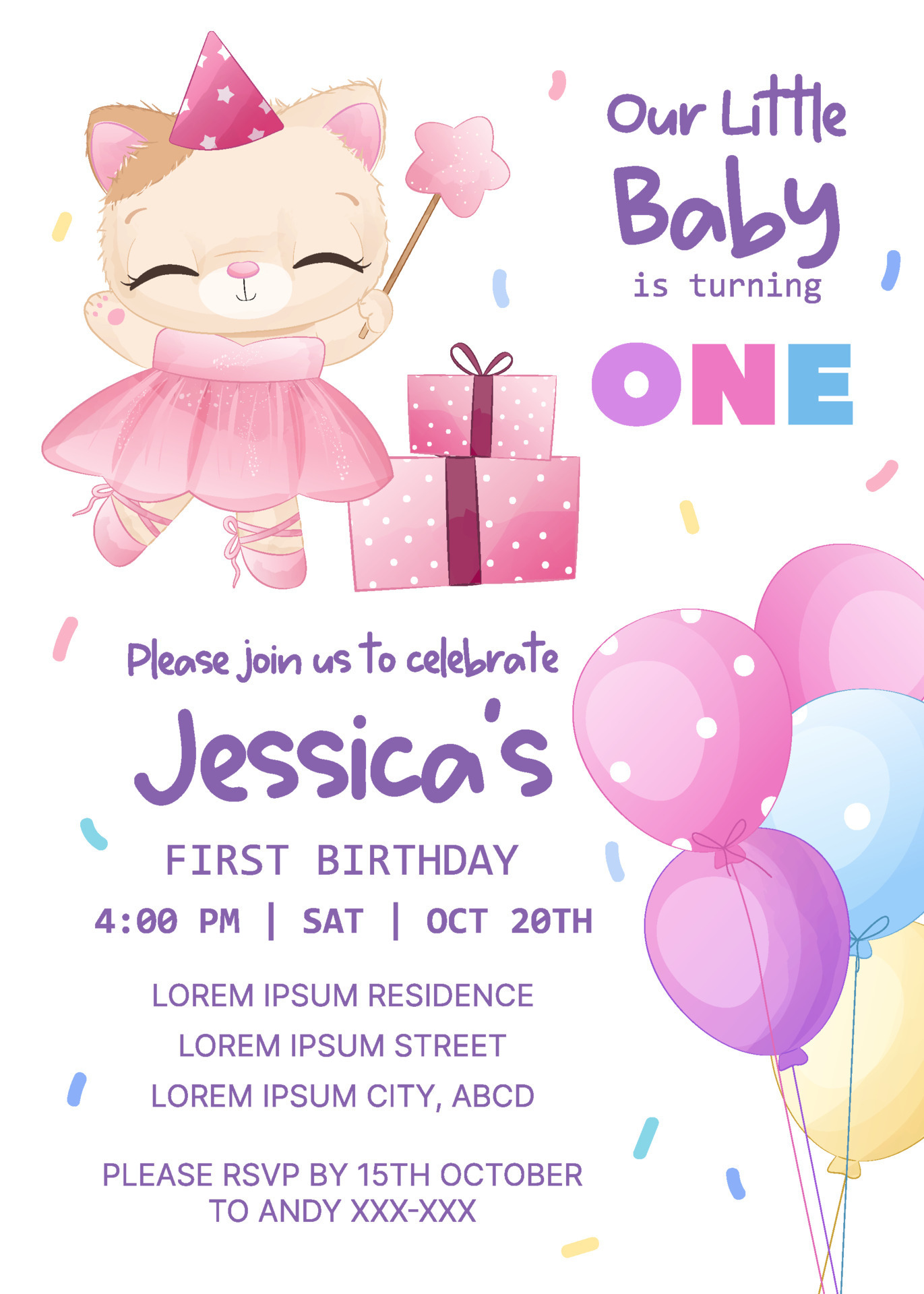 Adorable birthday party invitation template with kitty 21524130 Vector