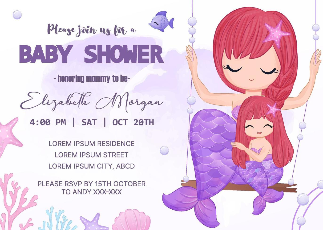baby shower invitation template with mermaid vector