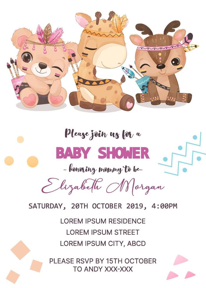 baby shower invitation template with cute animals vector