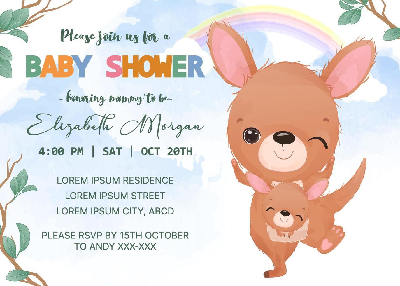 baby shower invitation template with kangaroo vector