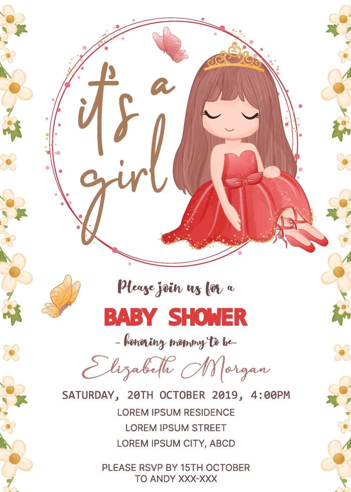 baby shower invitation template with cute girl vector