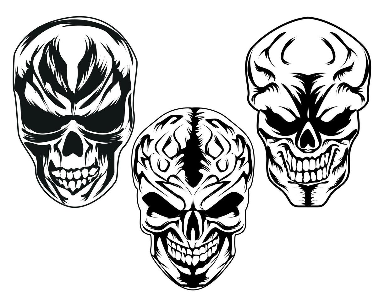 Clásico humano cráneo, enojado humano cráneo colección en diferente posición aislado vector para logo y camiseta