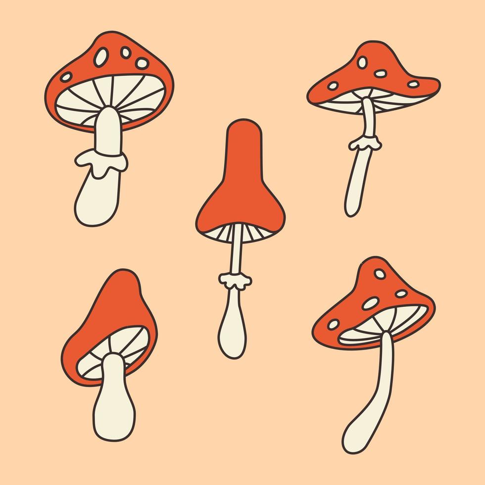 Groovy magic mushrooms, fly agaric. Trending element in style 60s of 70s. Boho groovy retro poster. Card, postcard, print. Hallucinogenic mushrooms. Hippie aesthetics. Y2k vintage vector illustration