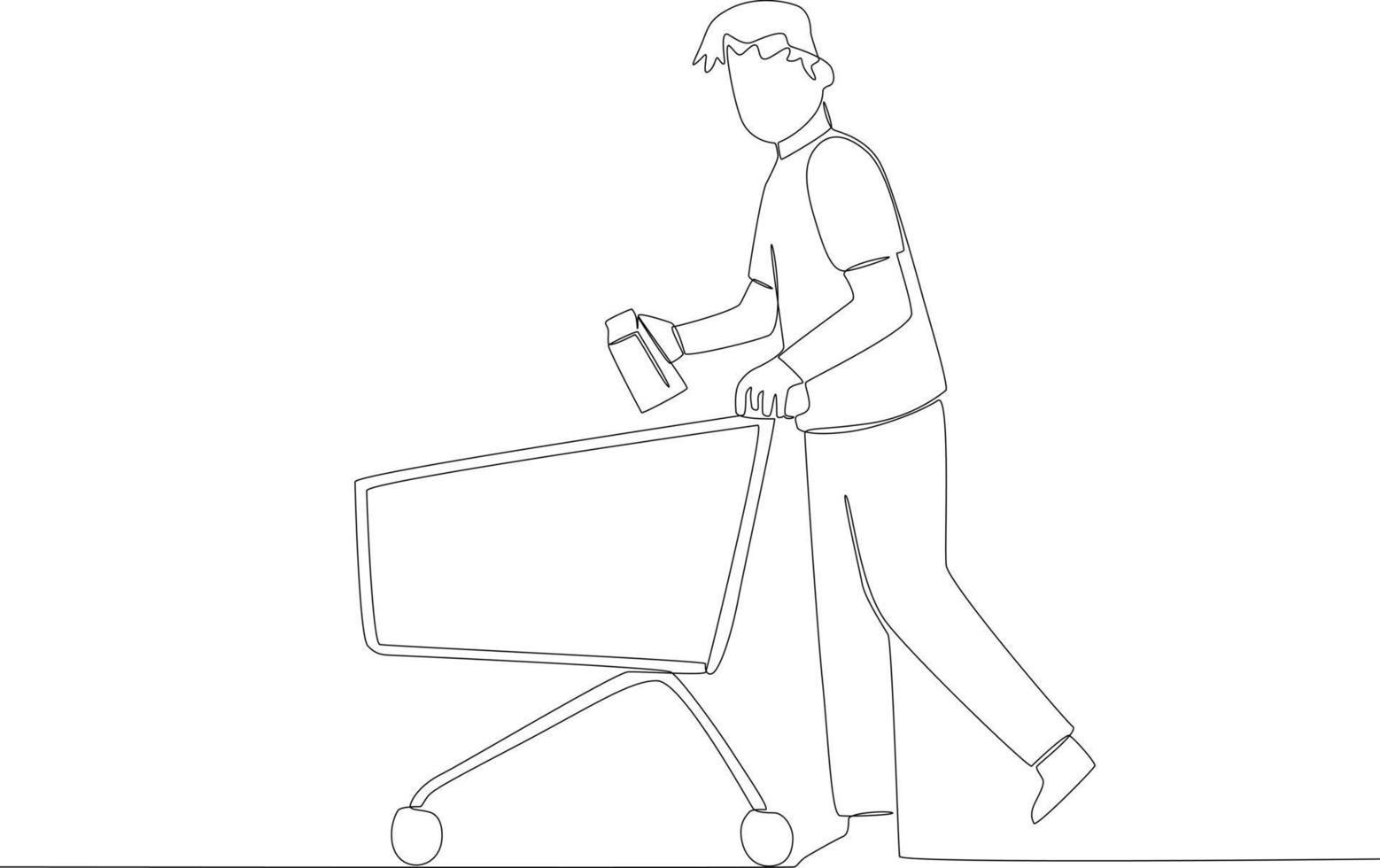 A young man pushing a trolley and holding milk vector