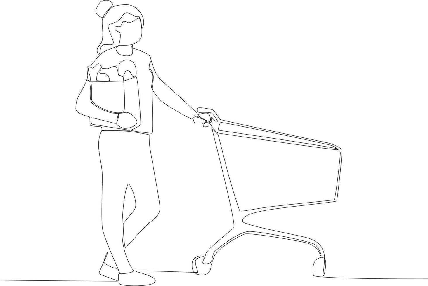 A woman with a pigtail carrying a trolly and a basket of groceries vector