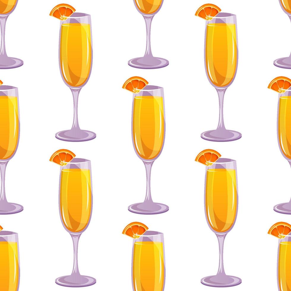 Seamless pattern of mimosa classic cocktail with orange. Italian aperitif cocktails. Alcoholic beverage for drinks bar menu. Beach Holidays, summer vacation, party, cafe bar, recreation. vector