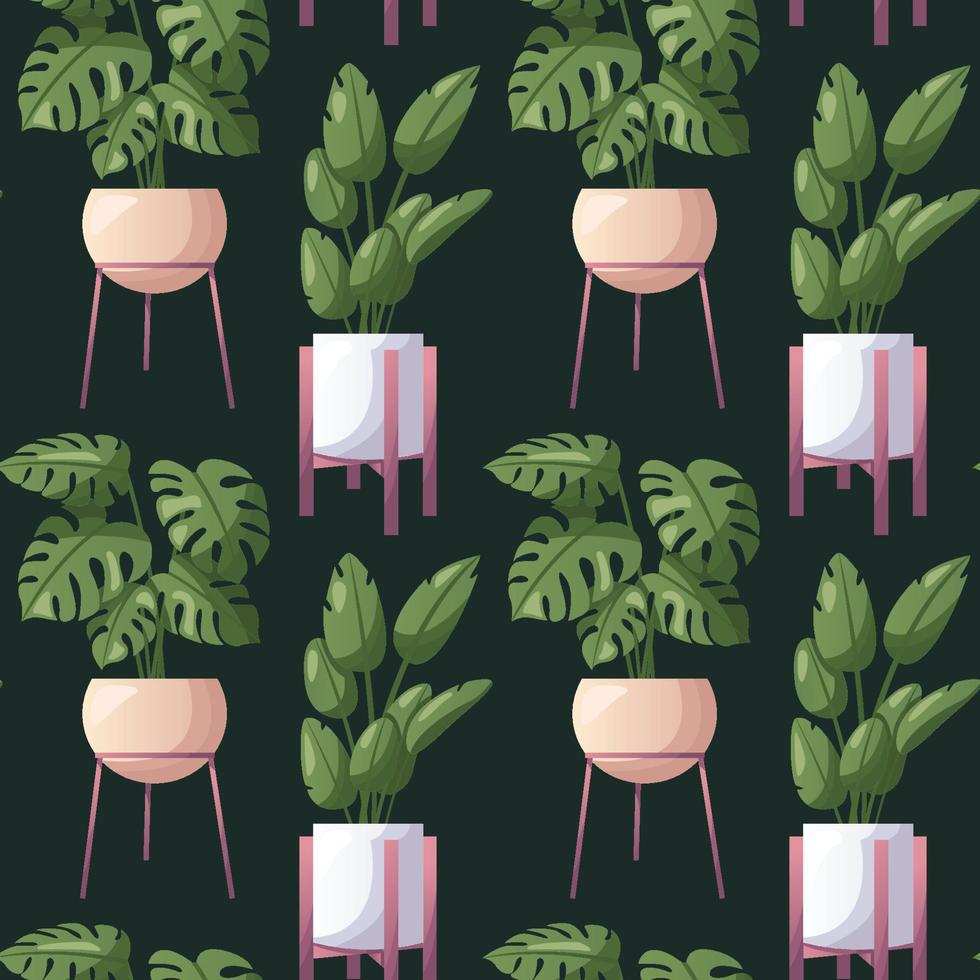 Seamless pattern with monstera houseplants with palm leaves in pot. Indoor house plant. Home garden, greenhouse, florarium, gardening, potted plant lover. Domestic store poster, banner, cover, card. vector