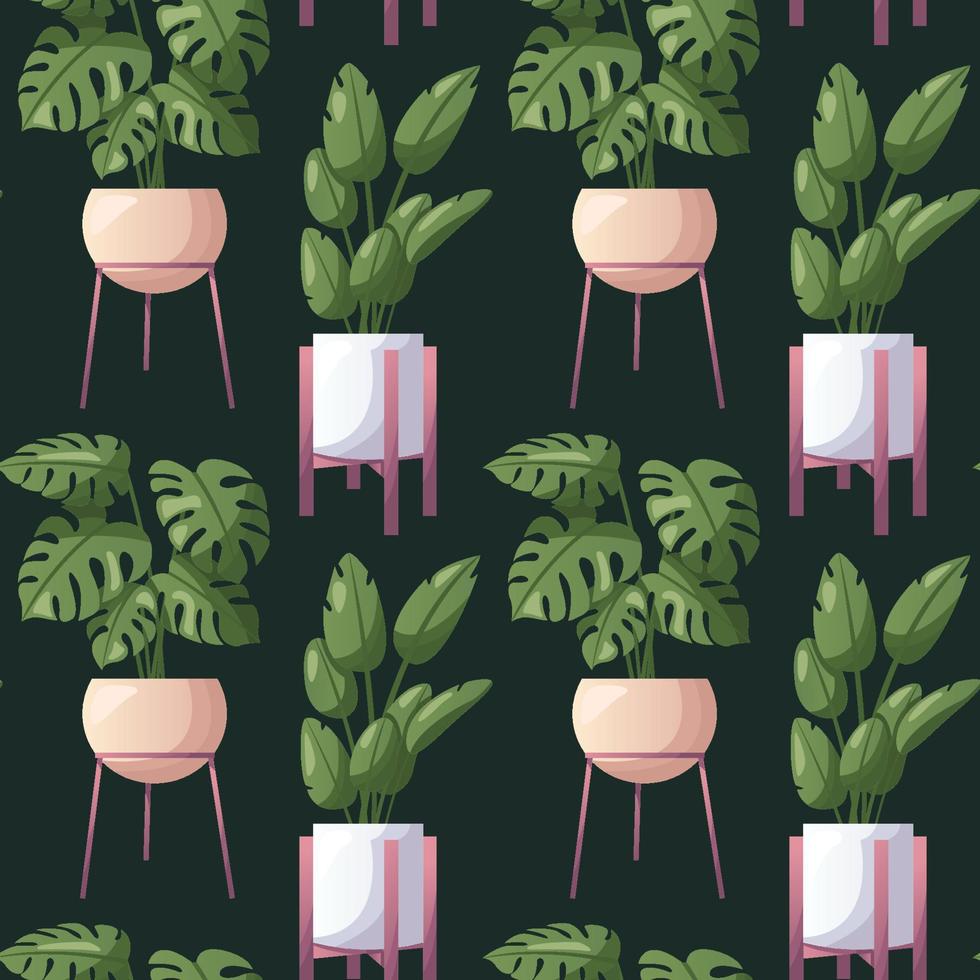 sin costura modelo con monstera plantas de interior con palma hojas en maceta. interior casa planta. hogar jardín, invernadero, florario, jardinería, en conserva planta amante. Doméstico Tienda póster, bandera, cubrir, tarjeta. vector