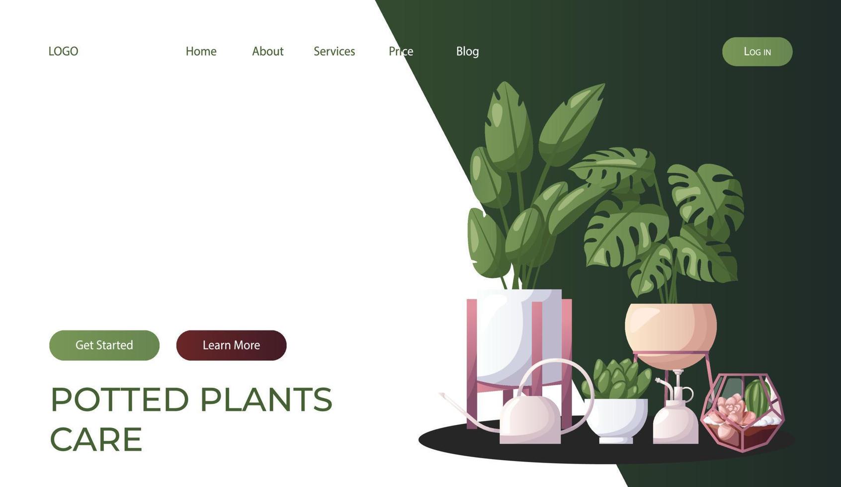 Landing page with collection of houseplants with water can. Indoor house plant. Home garden, greenhouse, florarium, gardening, potted plant lover. Domestic store poster, banner, cover, card. vector