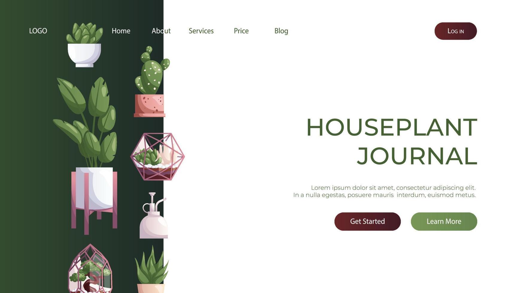 Landing page with collection of houseplants with water can. Indoor house plant. Home garden, greenhouse, florarium, gardening, potted plant lover. Domestic store poster, banner, cover, card. vector