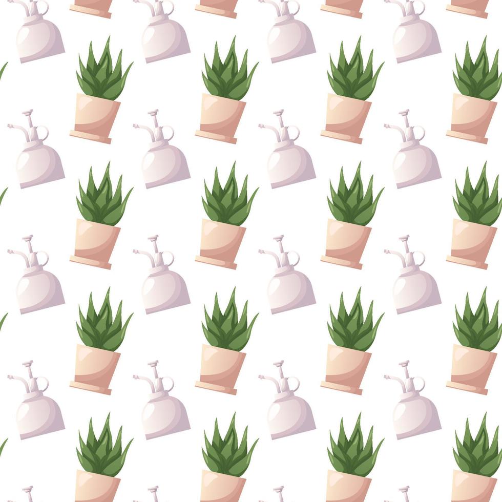 Seamless pattern of cactus succulent houseplant, water sprayer. Indoor potted house plant. Home garden, greenhouse, florarium, gardening lover. Domestic store poster, banner, flyer, promo. vector