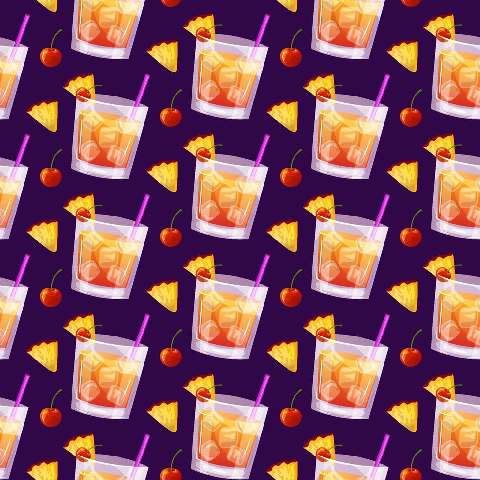 Seamless pattern of Mai Tai classic cocktail with pineapple, cherry. Italian aperitif cocktails. Alcoholic beverage for drinks bar menu. Beach Holidays, summer vacation, party, cafe bar, recreation. vector