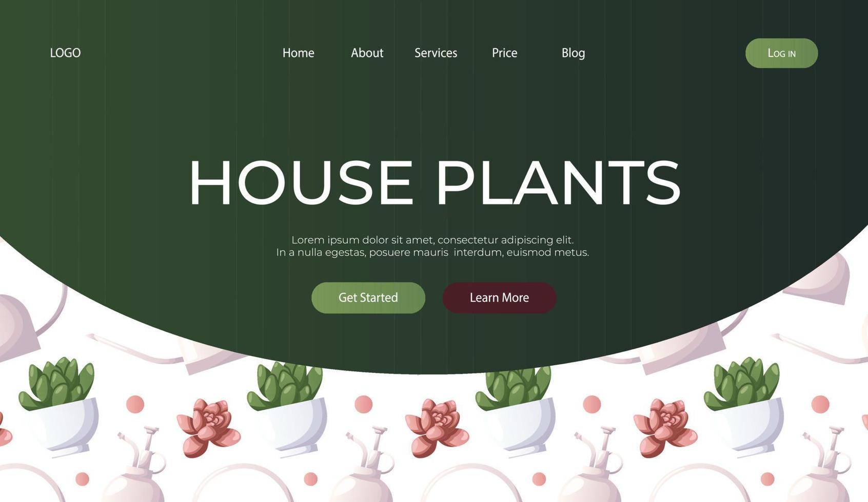 Landing page with pattern of houseplants with water can. Indoor house plant. Home garden, greenhouse, florarium, gardening, potted plant lover. Domestic store poster, banner, cover, card. vector