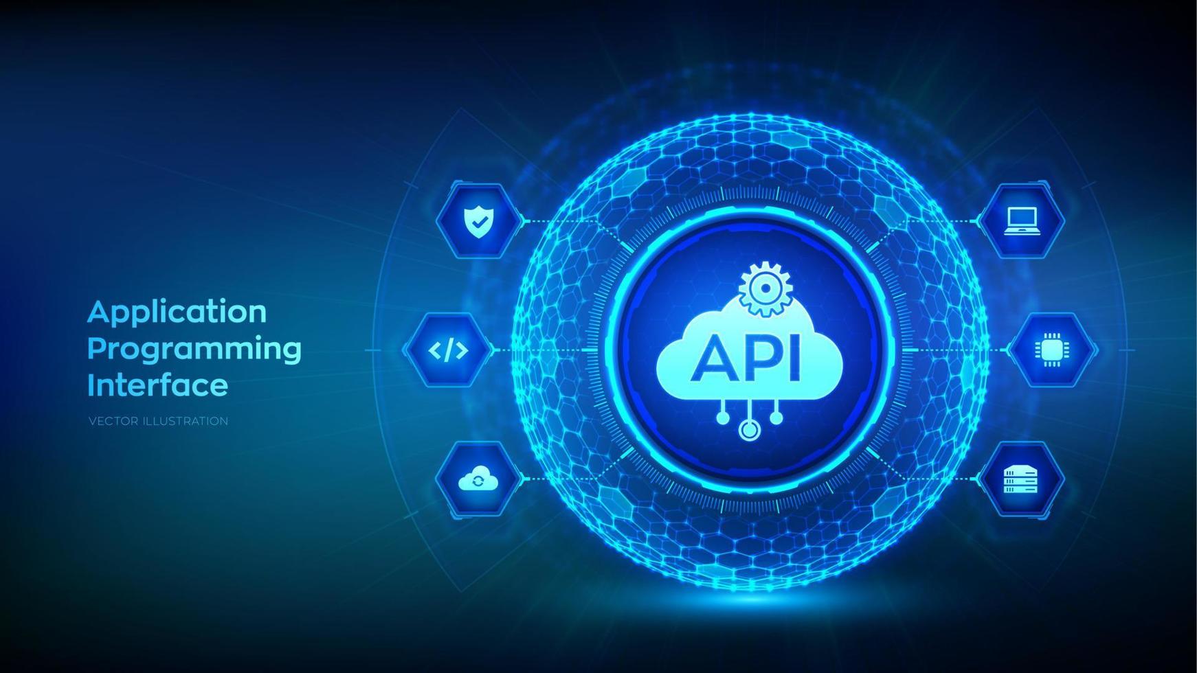 API. Application Programming Interface in the shape of sphere with hexagon grid pattern. Software development tool, cloud computing, information technology and business concept. Vector illustration.