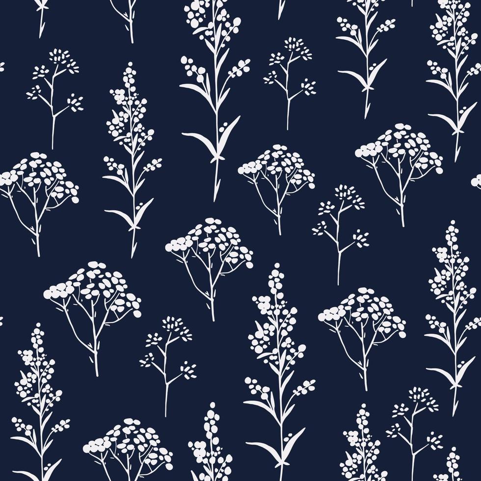 Dark Blue Indigo Pattern with Drawn Herbs and Plants vector