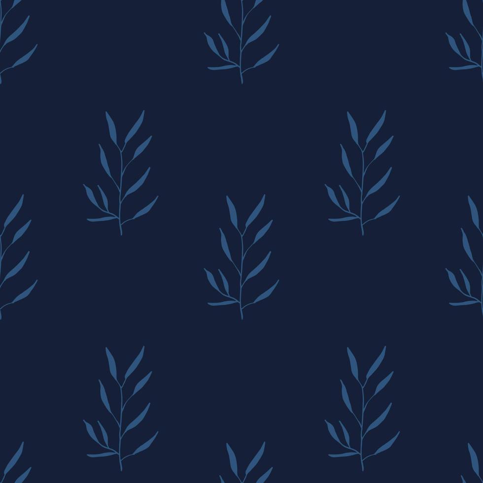 Dark Blue Indigo Pattern with Drawn Herbs and Plants vector