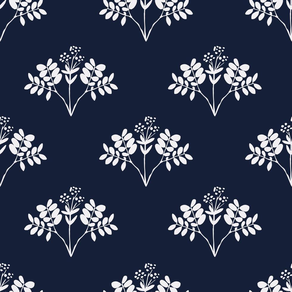 Dark Blue Floral Pattern with Herbs and Leaves vector