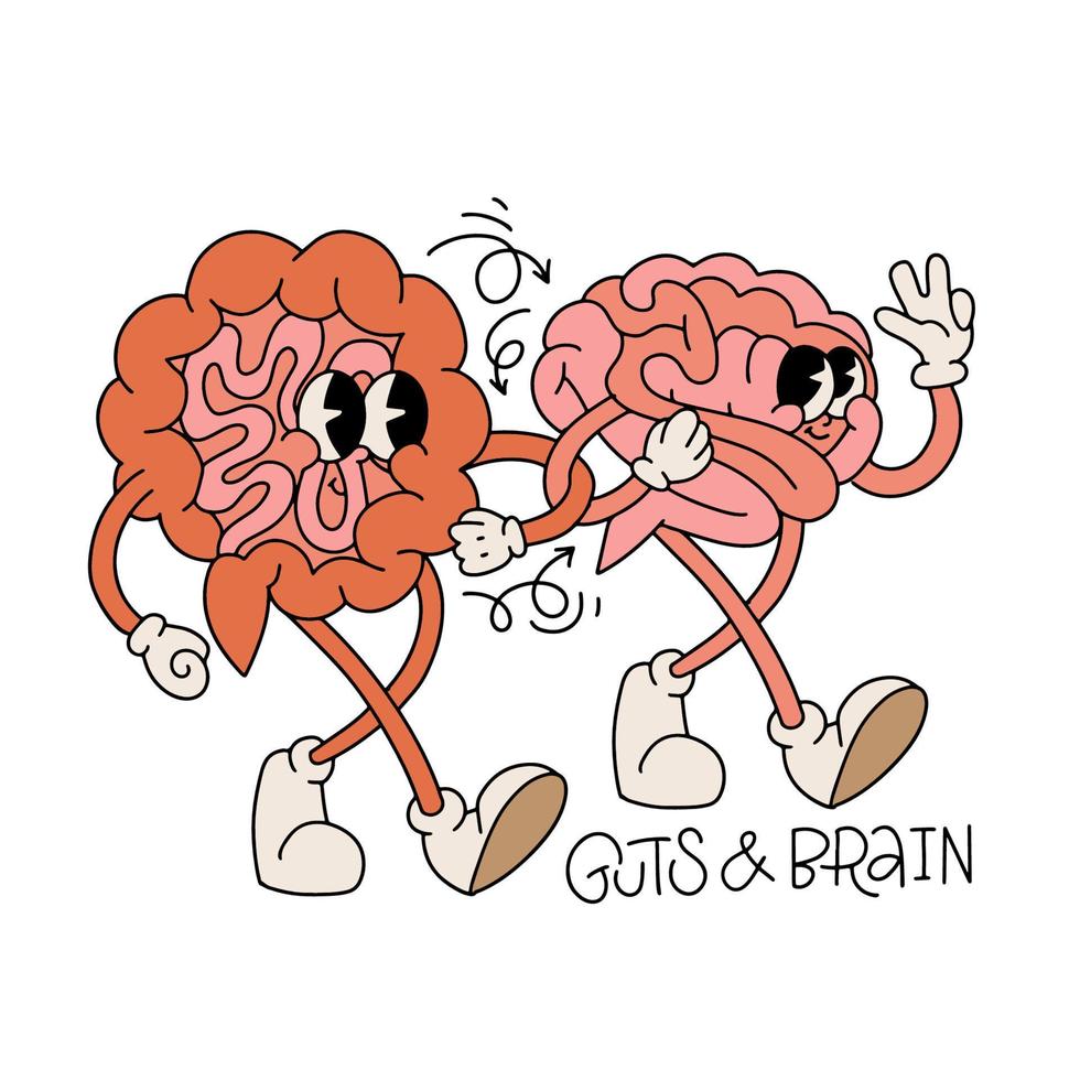 Cute groovy brain and intestines characters walking together. Vector hand drawn retro cartoon mascots illustration. Funny brain and guts friends concept in retro 70s style.