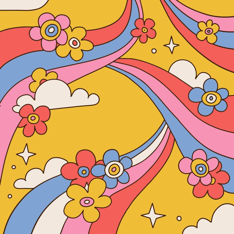 Hand drawn psychedelic groovy background with flowers, rainbows, clouds, vivid colors. Retro 70s vivid sky. Vector hand drawn contour illustration.