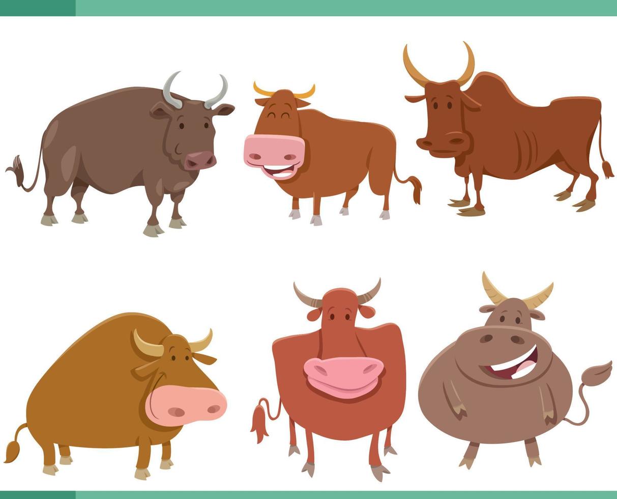 cartoon happy bulls farm animal characters set vector