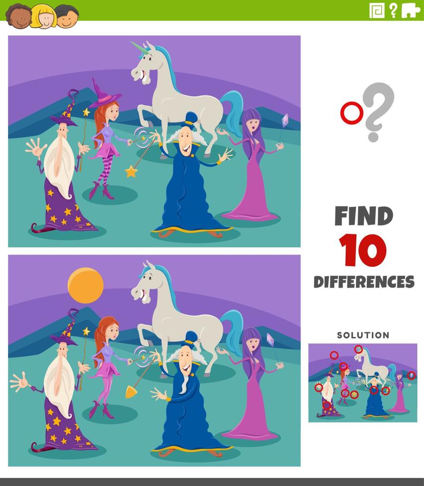 differences game with cartoon fantasy characters vector