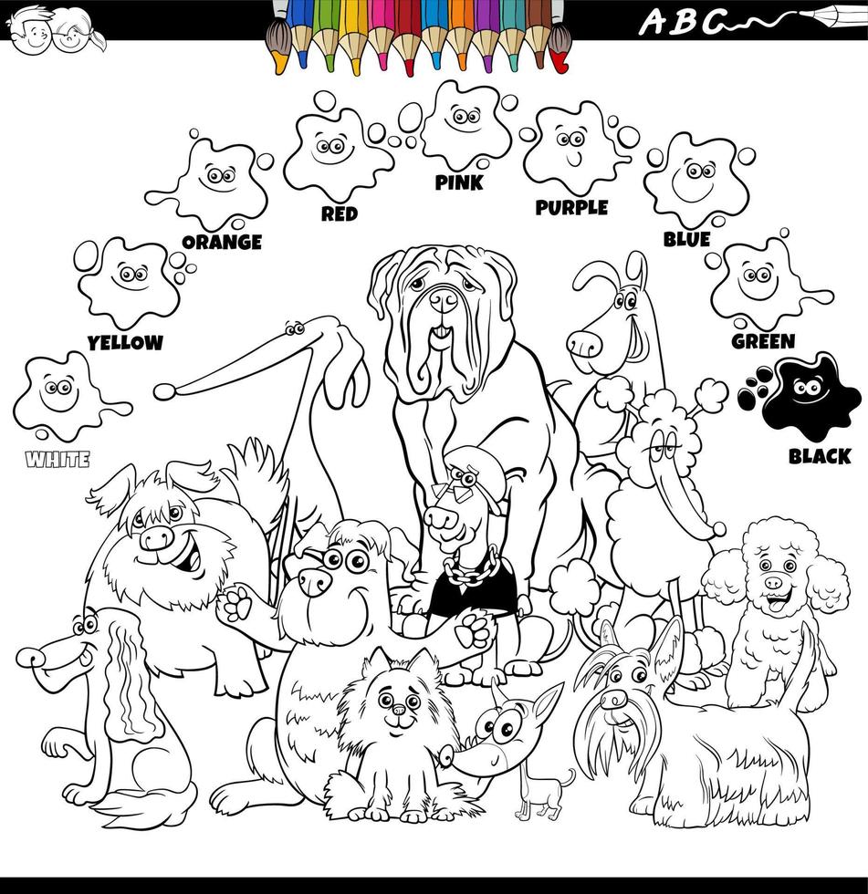 basic colors with cartoon dogs coloring page vector