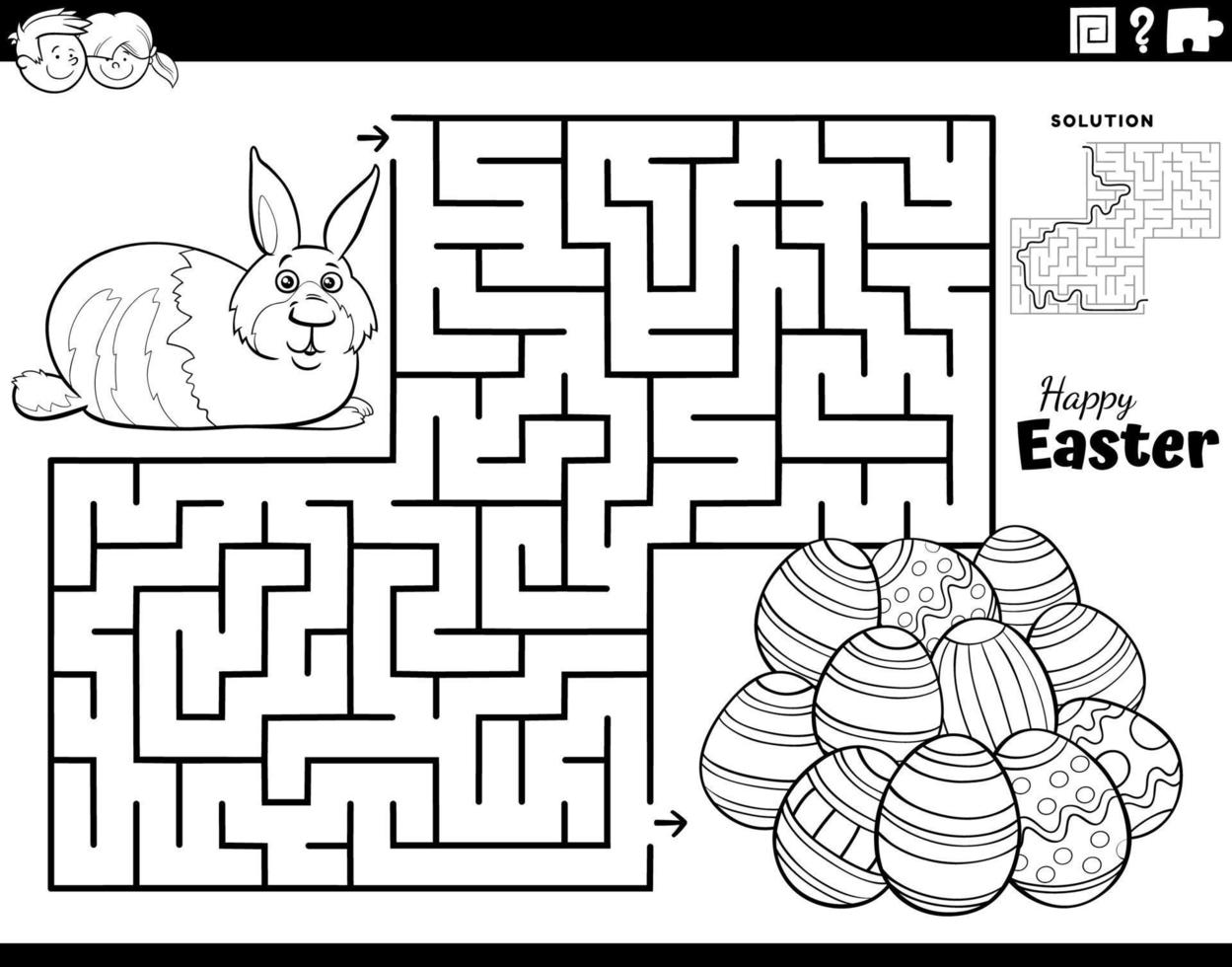 maze with Easter Bunny and Easter eggs coloring page vector