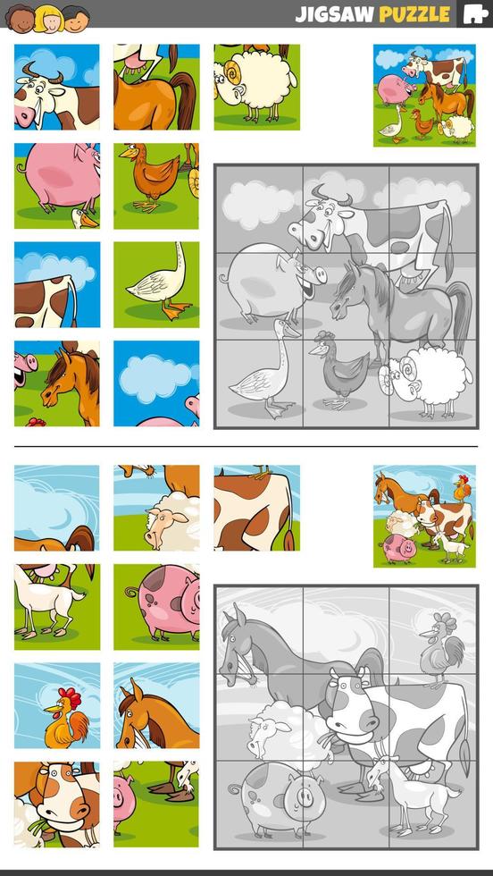 rompecabezas rompecabezas juego conjunto con dibujos animados granja animales vector