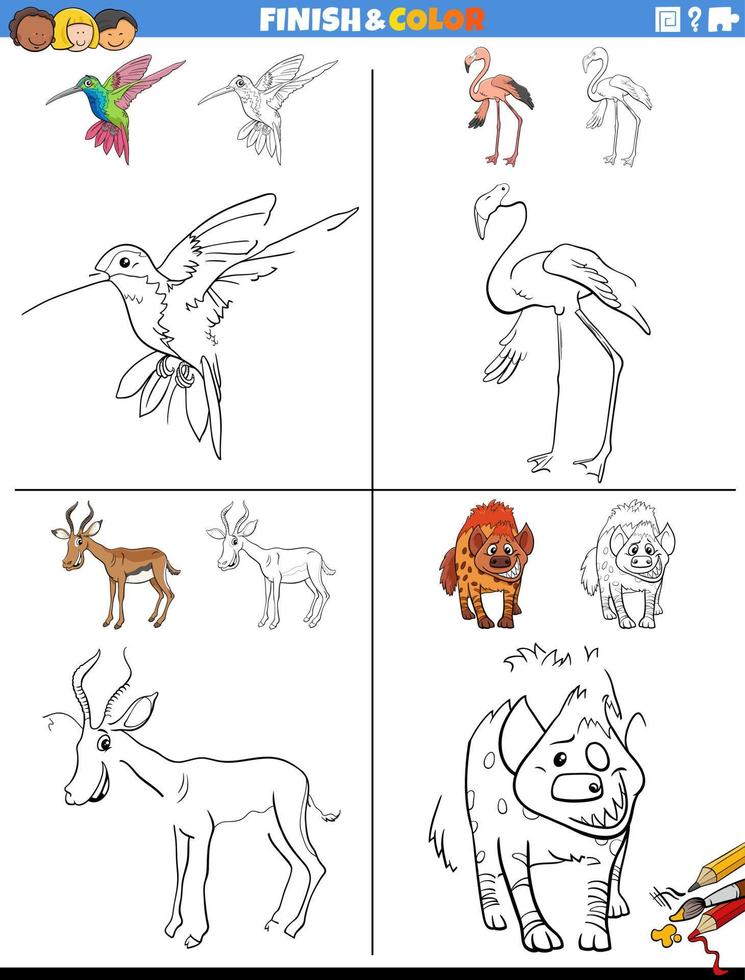 drawing and coloring worksheets set with wild animals vector
