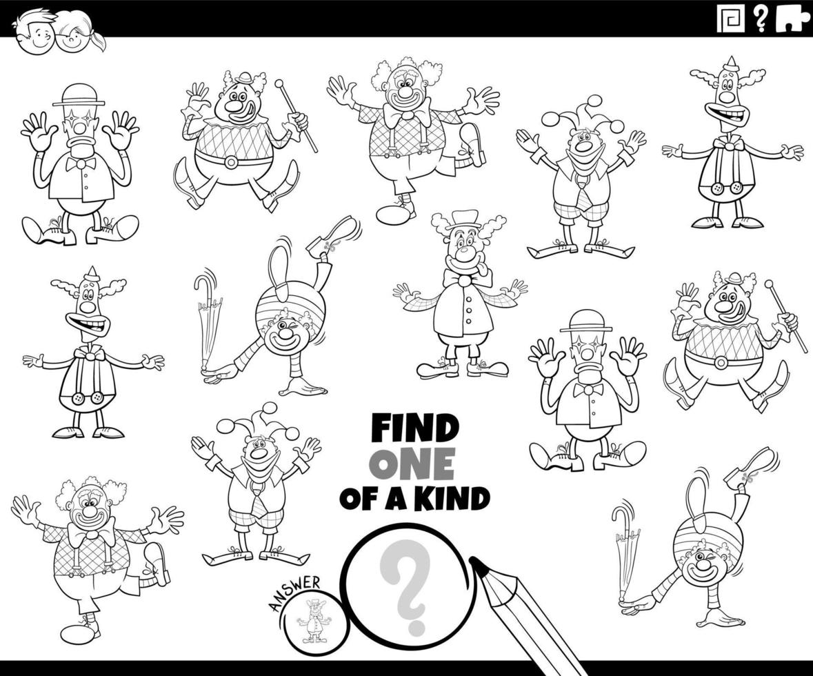 uno de un tipo juego con dibujos animados payasos colorante página vector