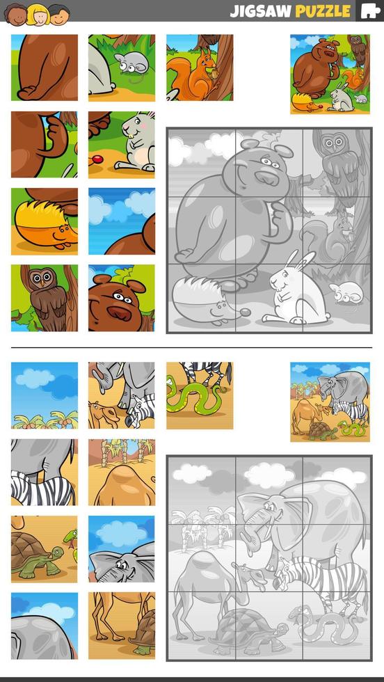 jigsaw puzzle game set with cartoon wild animals vector