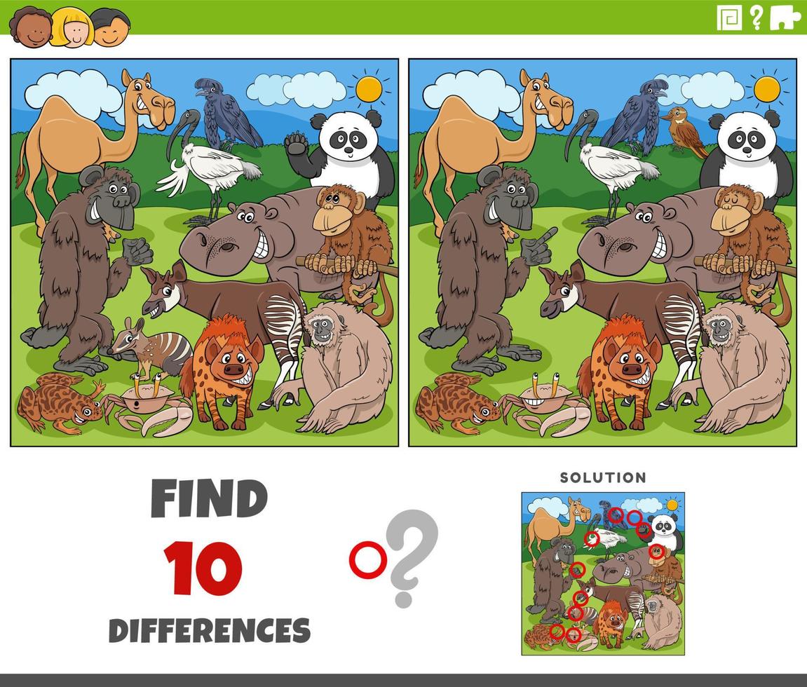 differences game with cartoon wild animals characters vector