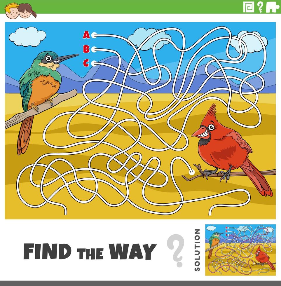 find the way maze game with cartoon birds characters vector