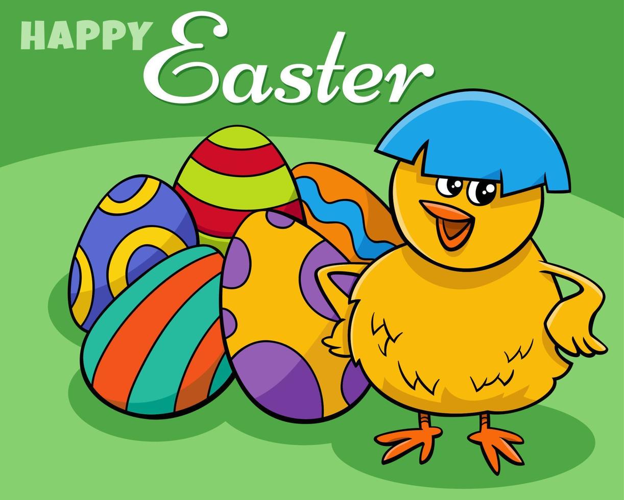 cartoon Easter Chick with coloered egg greeting card vector