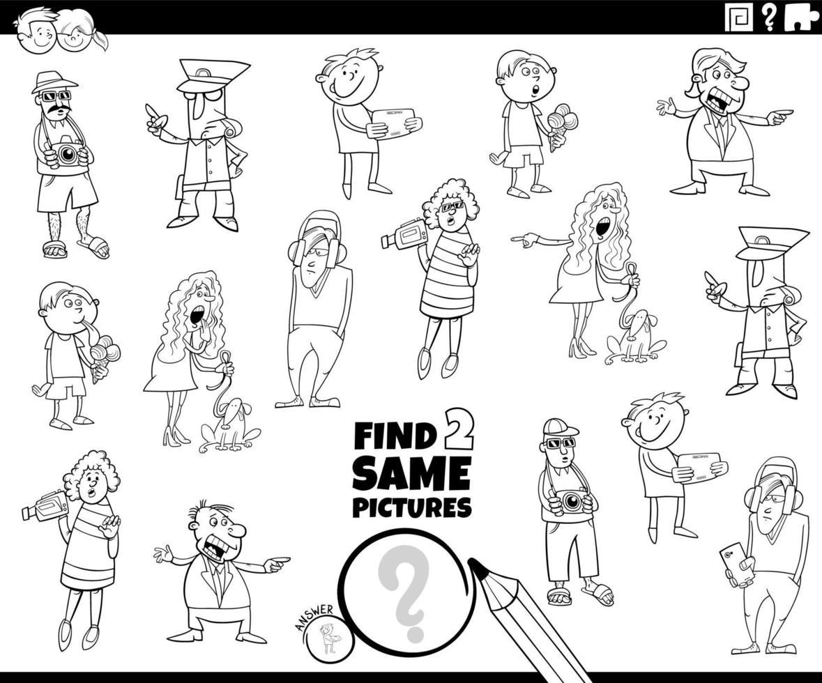 find two same cartoon person game coloring page vector