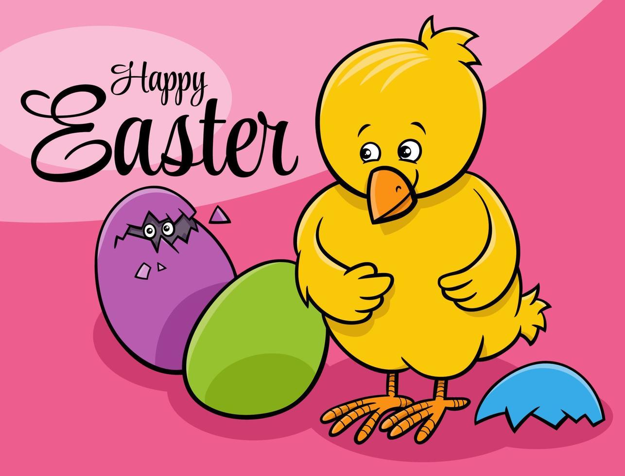 cartoon Easter Chick with Easter eggs greeting card vector