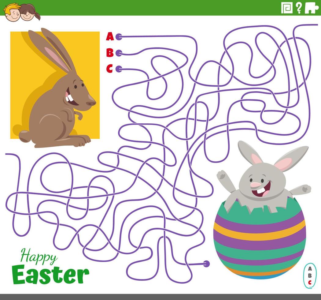 maze game with cartoon Easter Bunnies characters vector