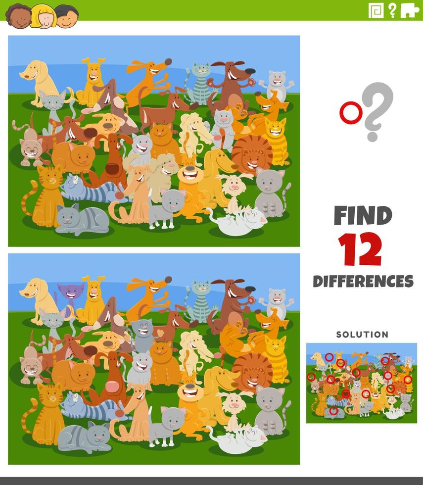 differences game with cartoon cats and dogs characters vector