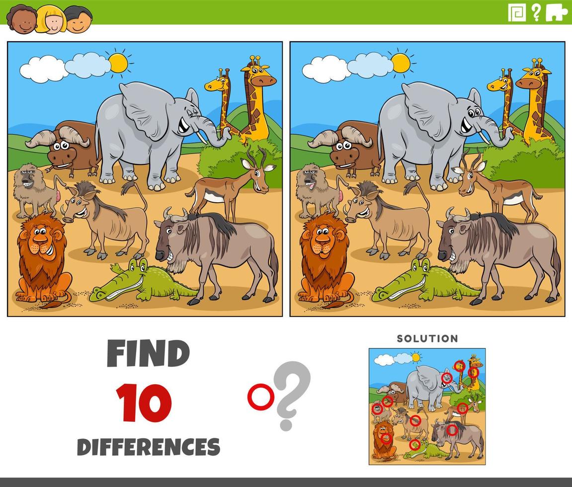 differences game with cartoon African animals vector