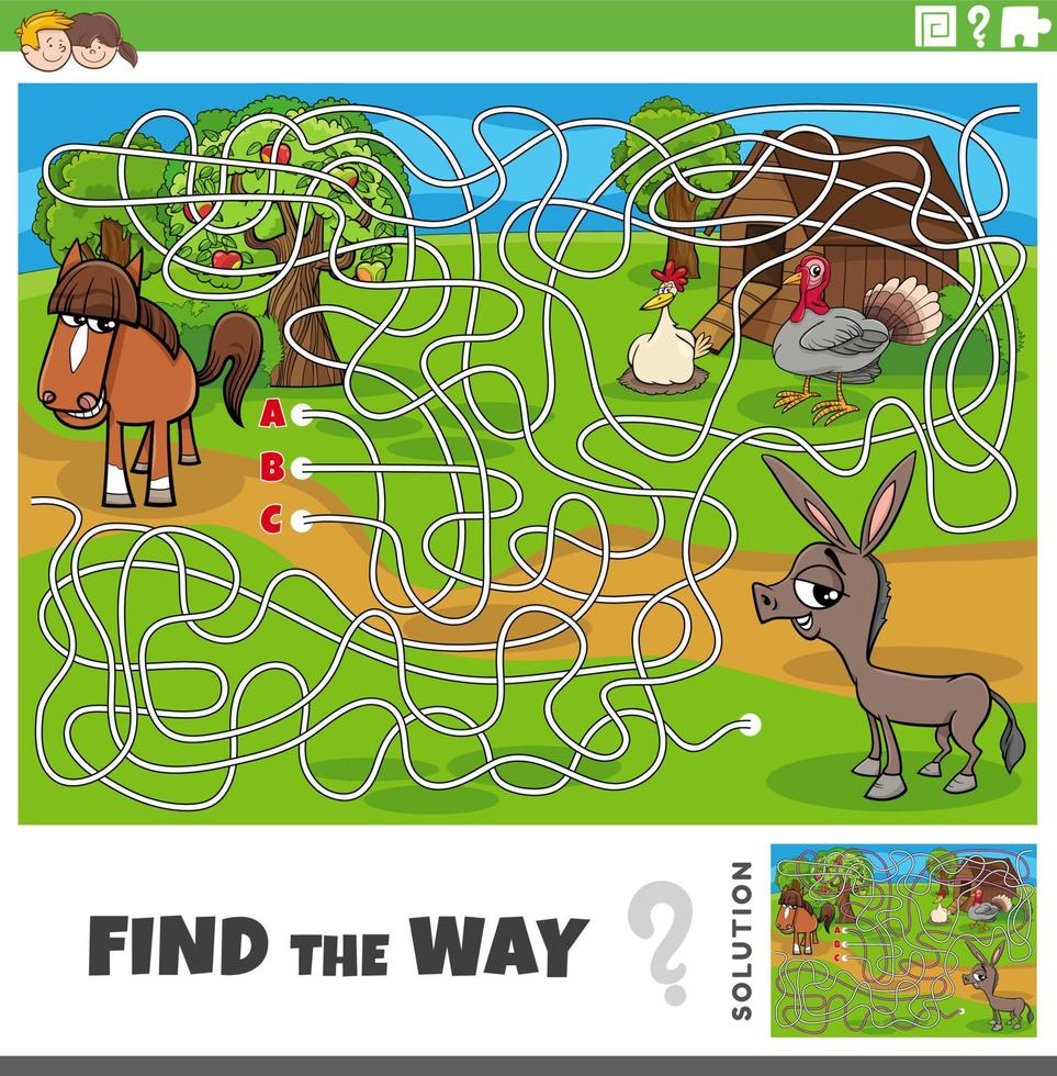 find the way maze game with cartoon farm animals vector