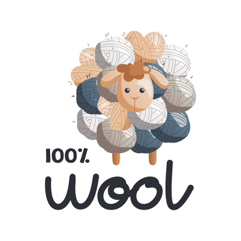 Toy sheep made of balls with lettering 100 wool. Skein of yarn. Tools and equipment for knitwork, handicraft. Handmade needlework, hobby at home. Knitting studio, workshop advertising. vector