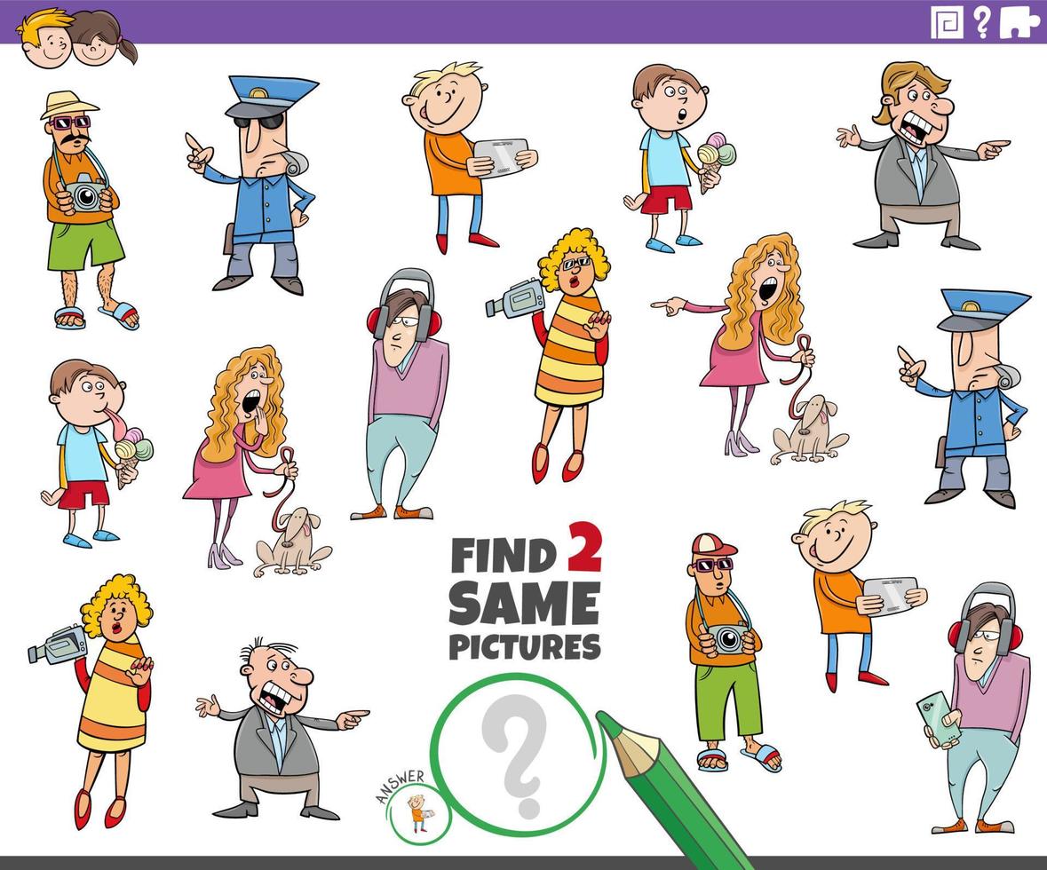 find two same cartoon people characters educational game vector