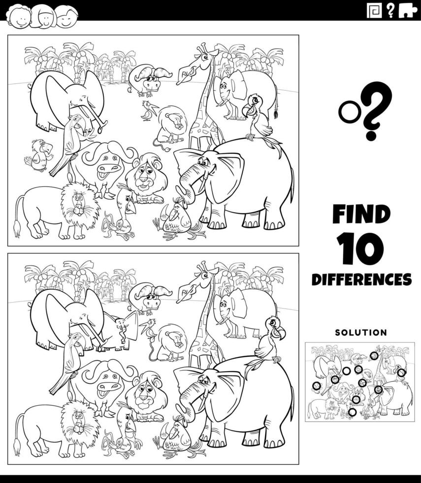 differences game with cartoon Safari animals coloring page vector