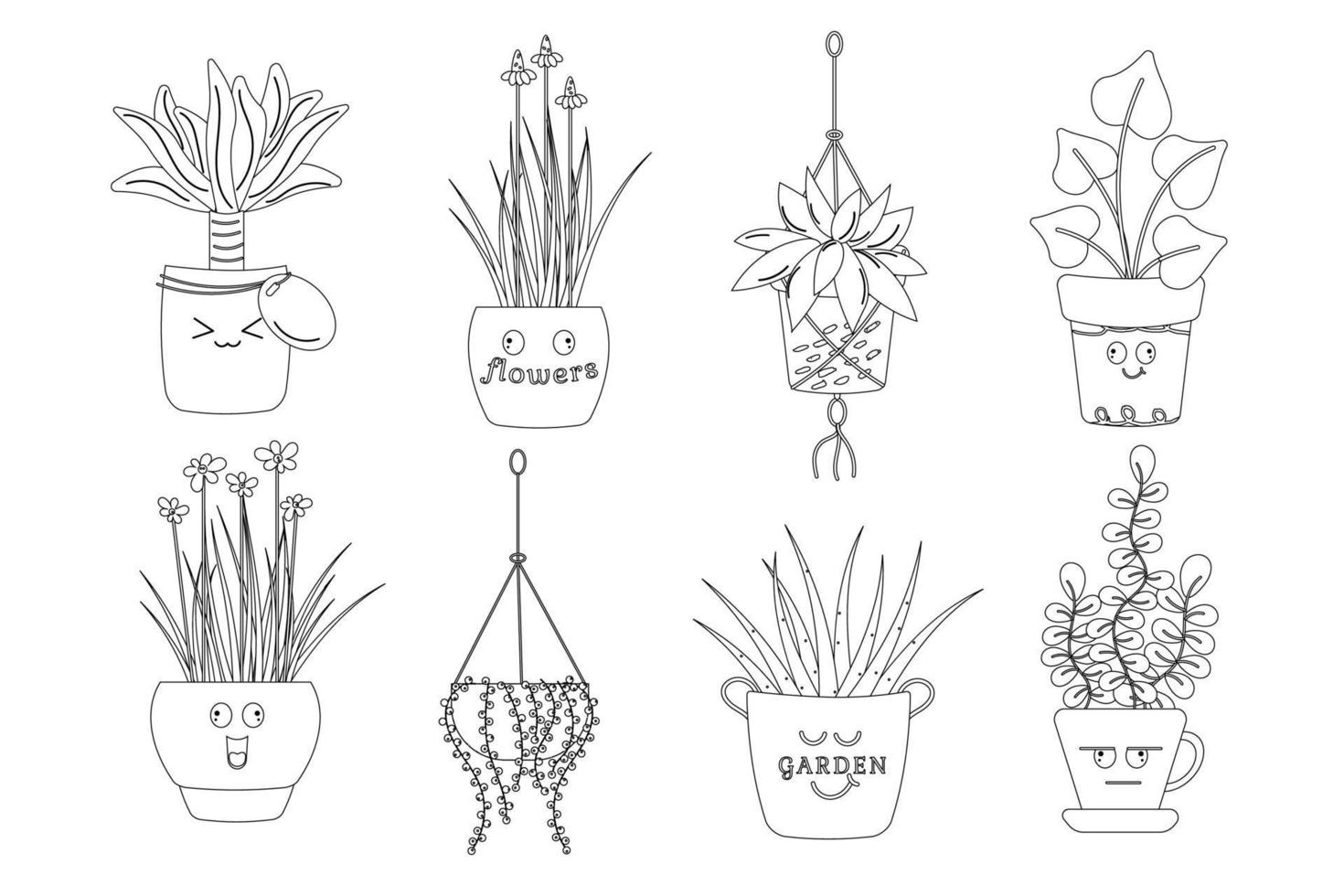 Funny stickers different plants black and white. Cartoon plants vector