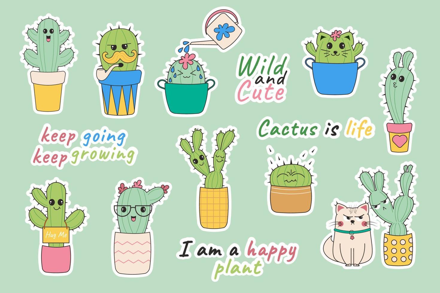 Funny kawaii cactus stickers. Cartoon cactus vector