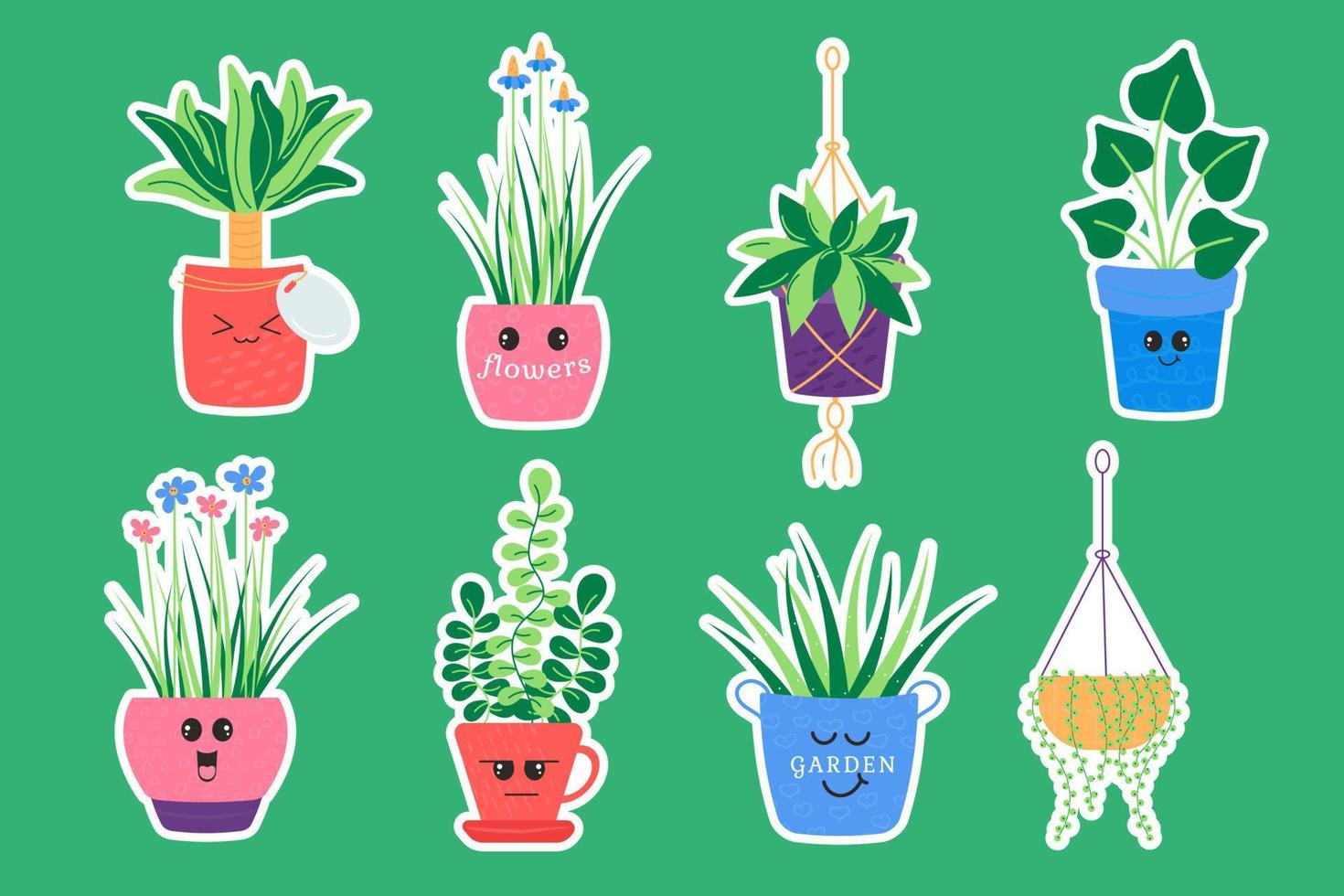 Funny kawaii stickers of different plants. Cartoon plants vector