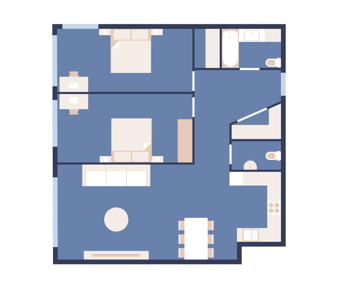 Interior design concept. House interior layout. Apartment plan with arrangement of furniture and appliances. Vector flat illustration