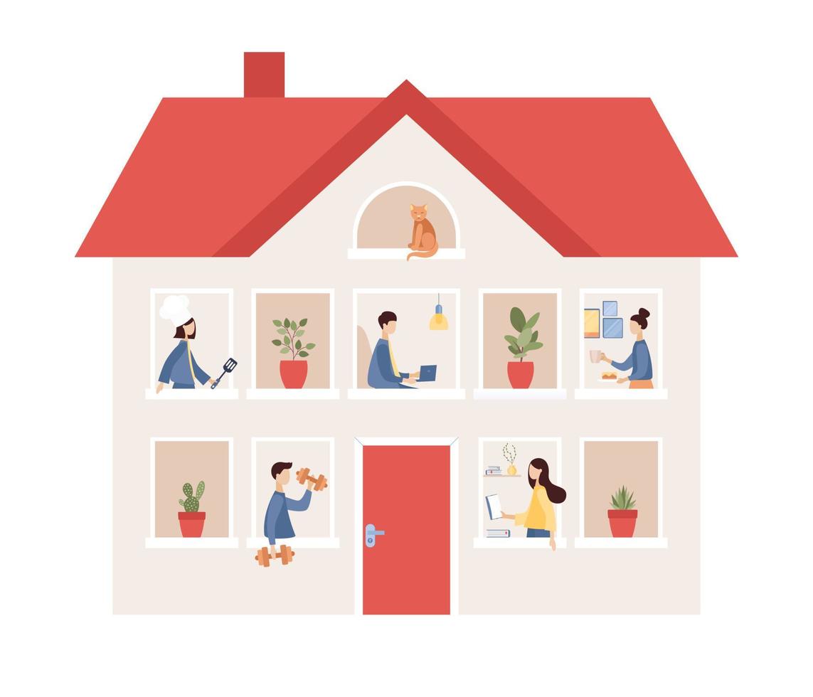 Stay at home concept. People inside residence building. Home lifestyle. Home sweet home. Self-isolation and quarantine. Vector flat illustration